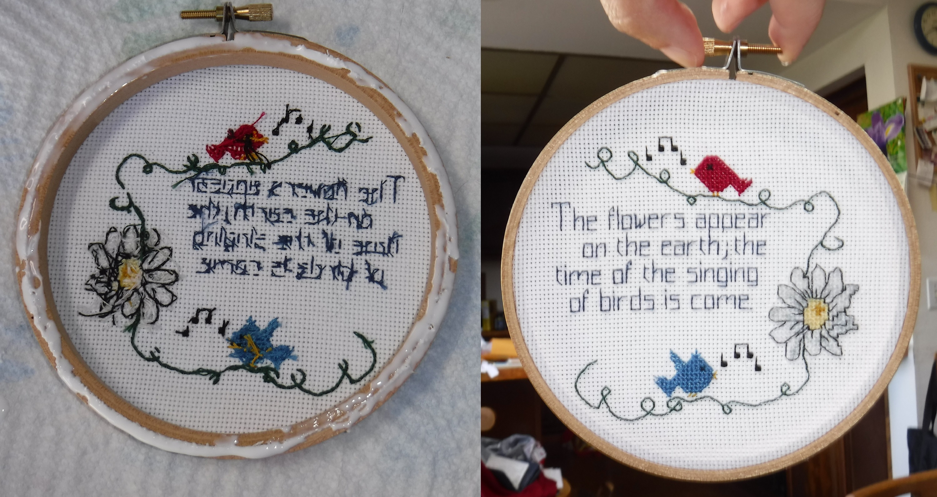 Photos I took of the back of the cross stitch with glue and the front 