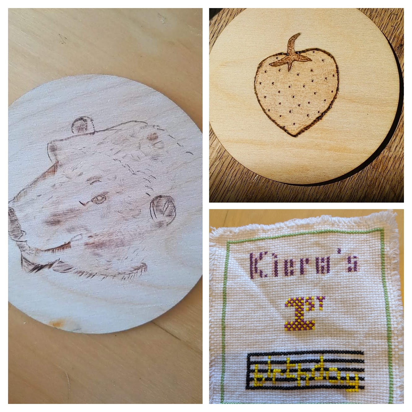 polar bear, pyrography, pokerwork, birthday, cross-stitch, handmade, strawberry, burn, shading, lines, woodwork, sewing