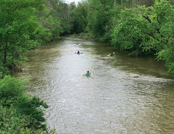 Folks enjoying a kayak ride on Floyds Fork. The creek was closed shortly after this photo was taken due to the high water. Photo taken by and the property of FourWalls. Folks enjoying a kayak ride on Floyds Fork. The creek was closed shortly after this photo was taken due to the high water. Photo taken by and the property of FourWalls.