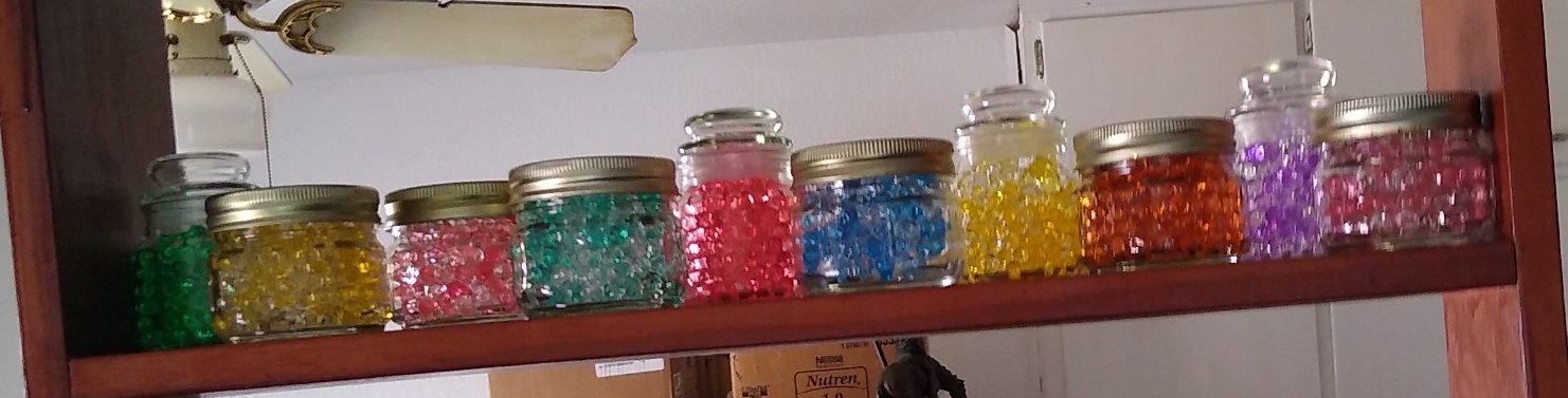 Gel beads in glass jars. Photo is mine.