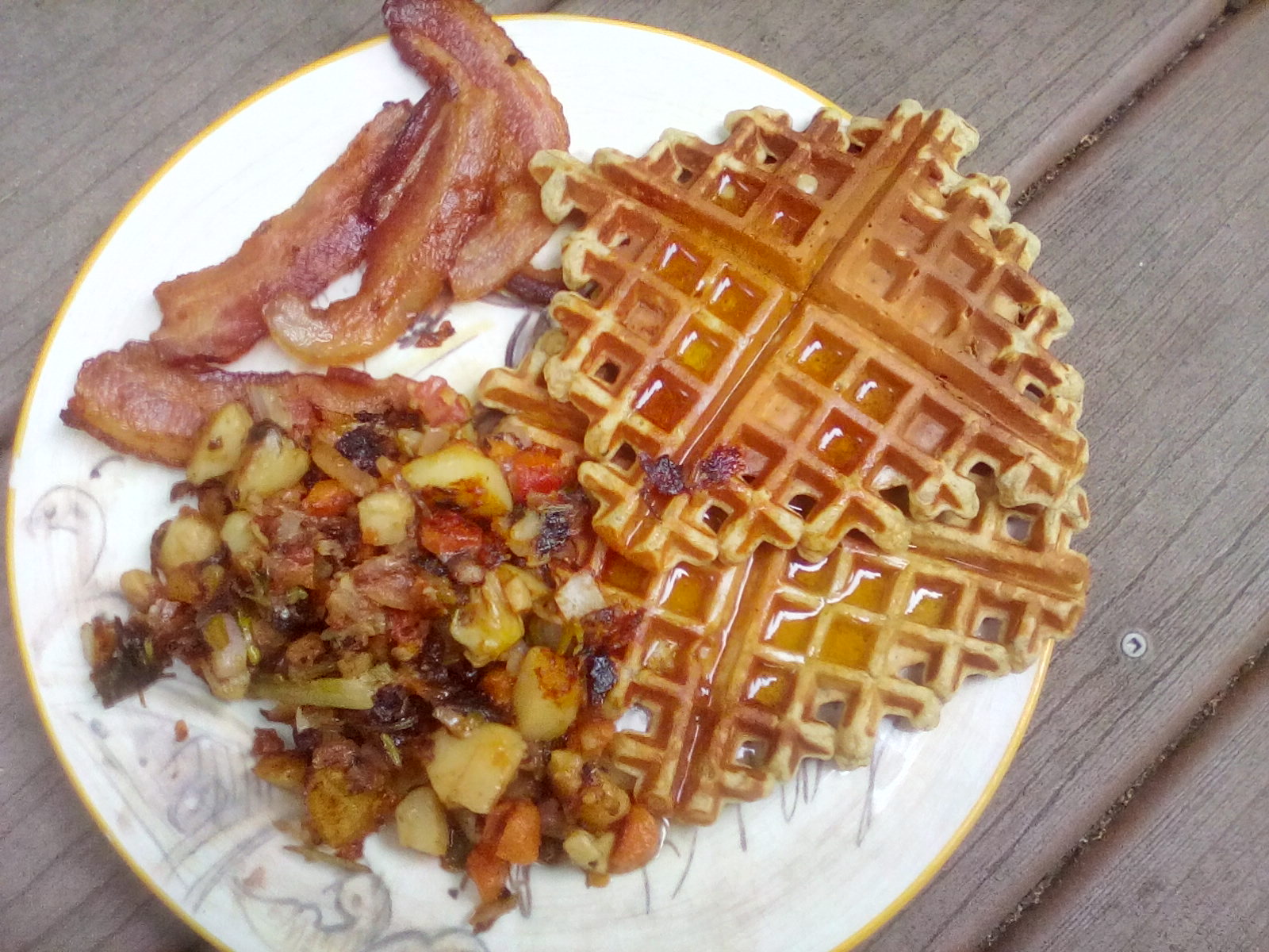 Waffles, potatoes, breakfast,bacon,home cooking Waffles, potatoes, breakfast,bacon,home cooking