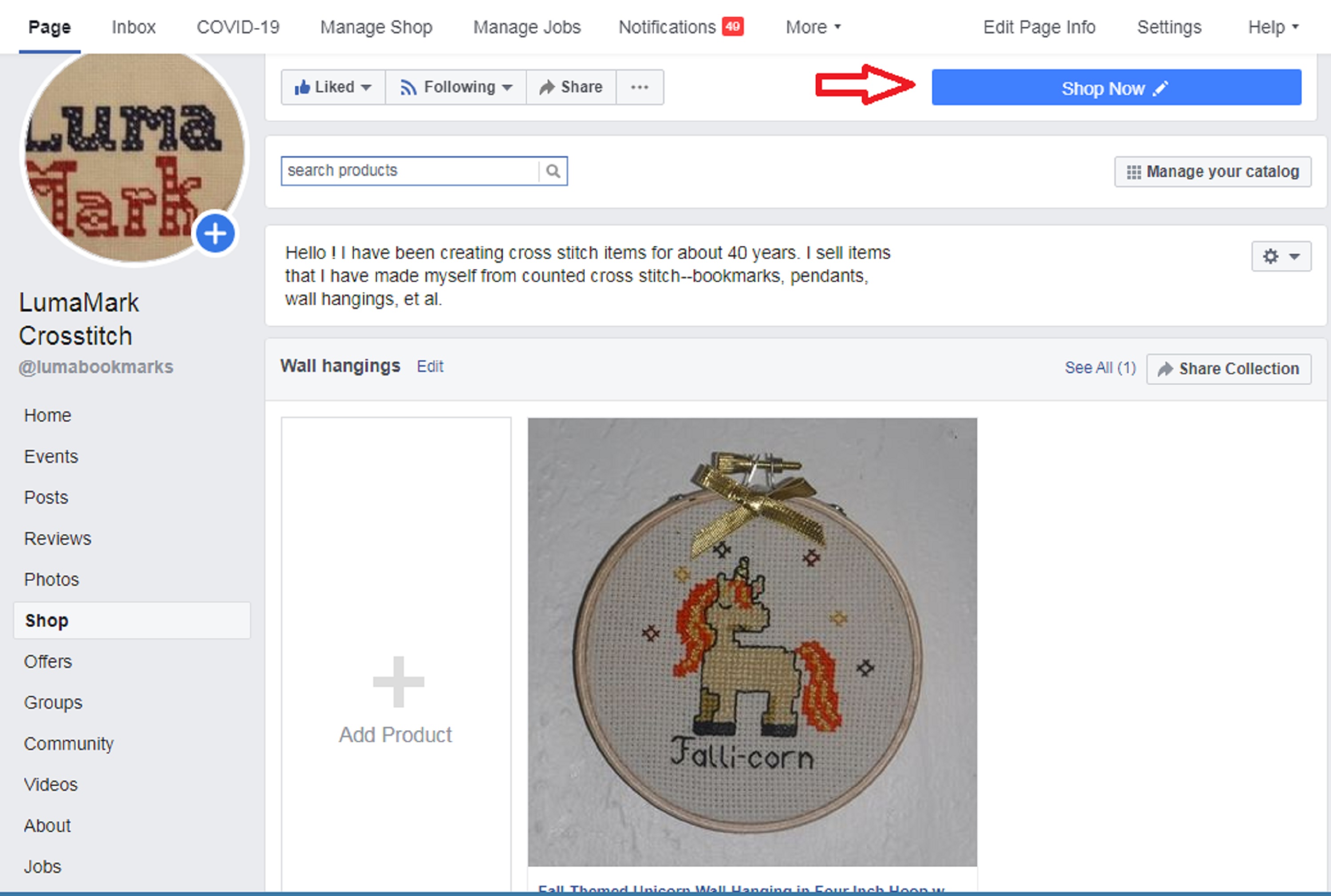Screencap of my Facebook shop page with "shop now" button Screencap of my Facebook shop page with "shop now" button
