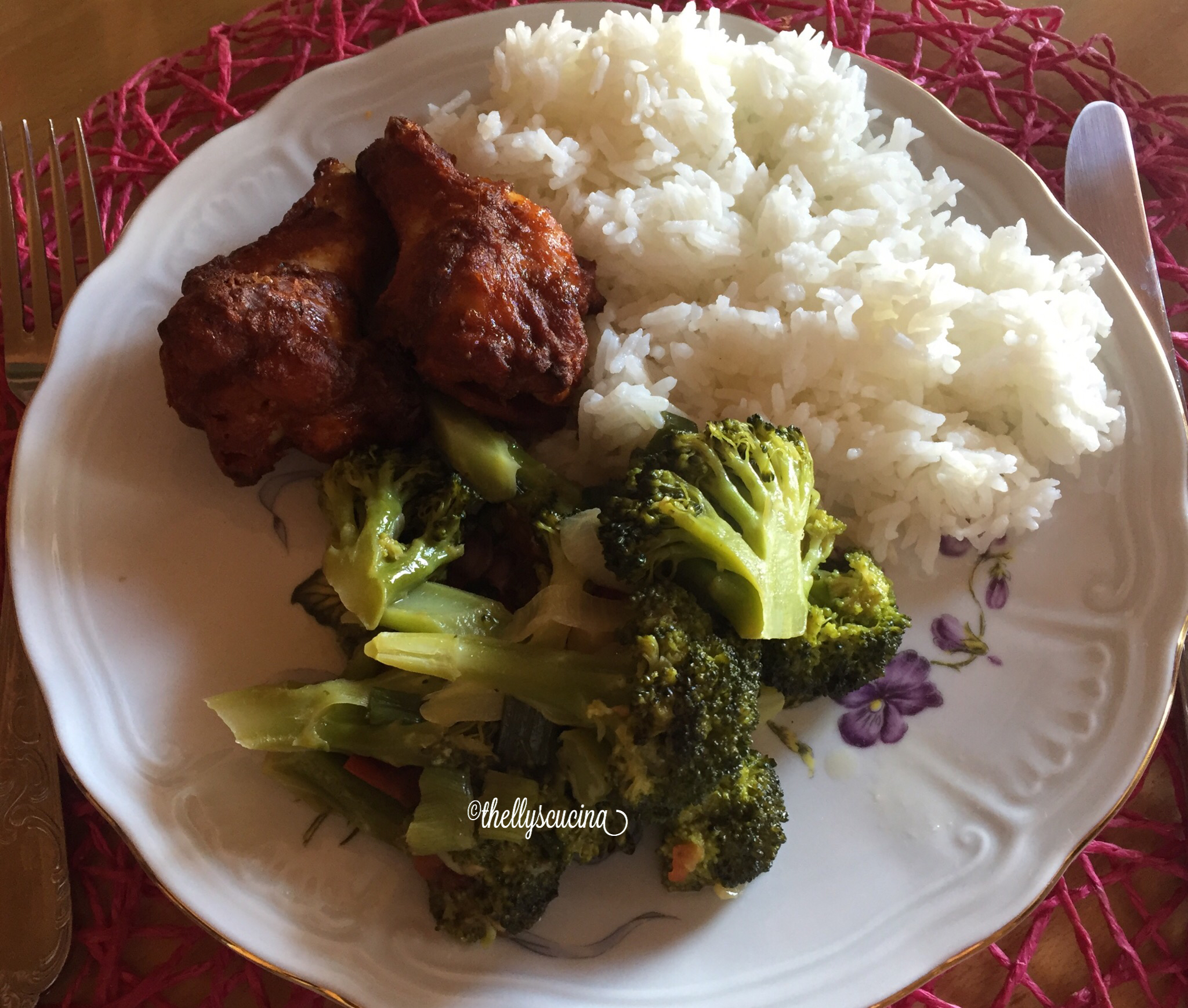 Boiled rice, baked chicken and broccoli stir fried 