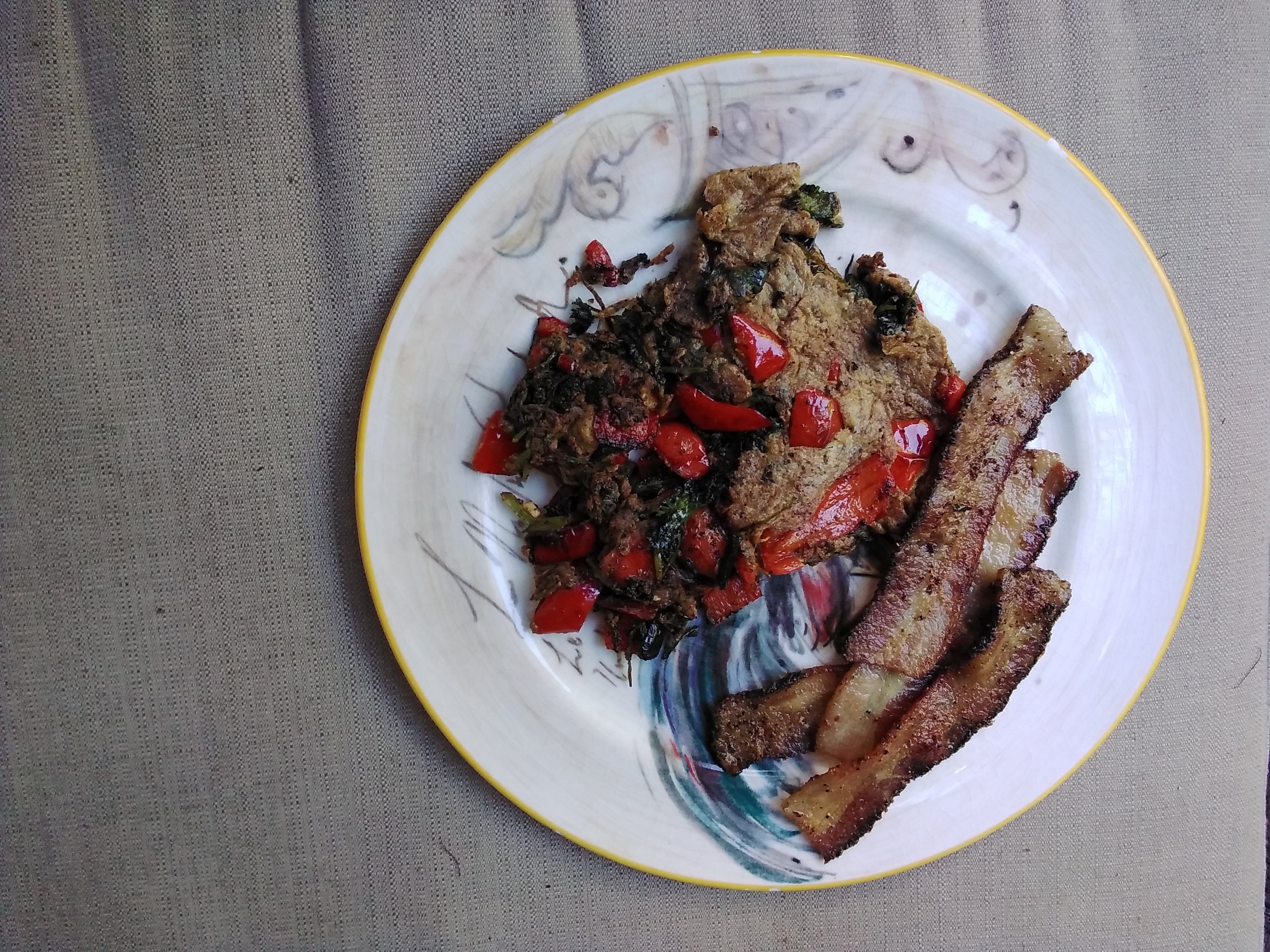 Breakfast,eggs,bell pepper, that,bacon