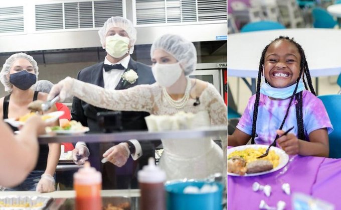 A wedding couple serves a meal to residents of a homeless shelter in Ohio A wedding couple serves a meal to residents of a homeless shelter in Ohio