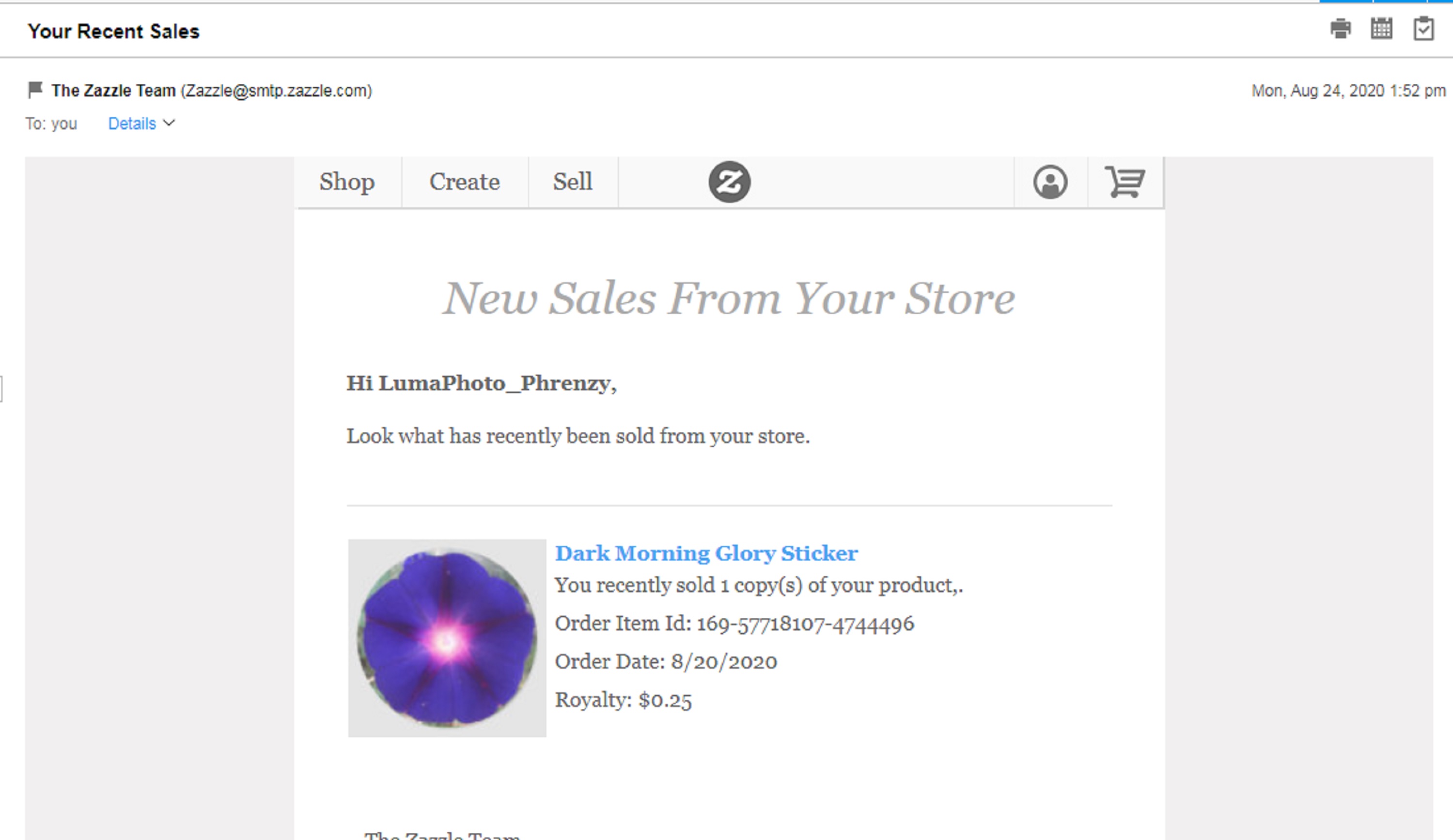 Screencap I took of the email I recieved about my recent Zazzle sale...