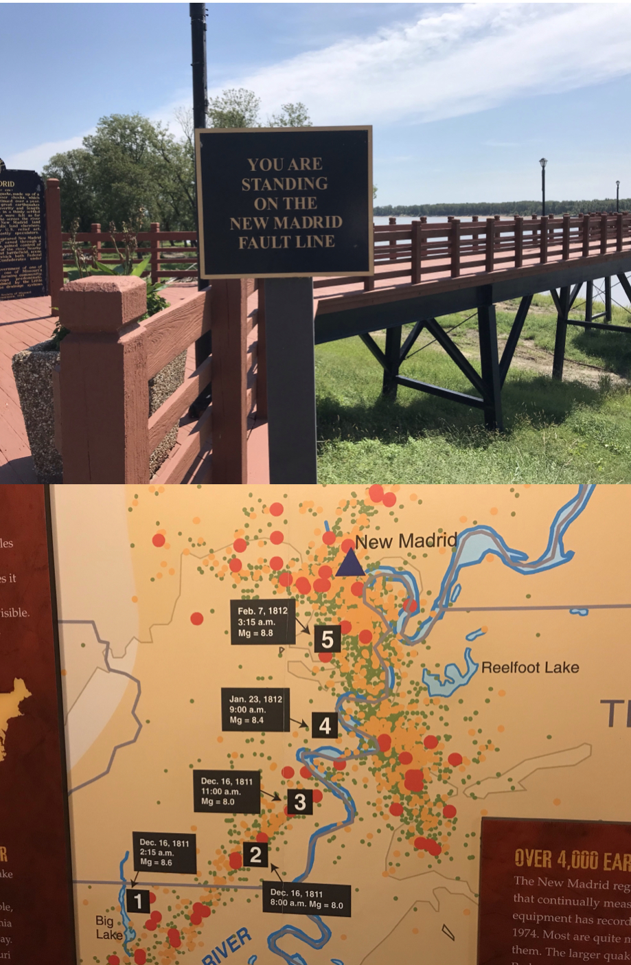 The sign marking the New Madrid Fault line (with the river in the background); and a map in the museum showing the two thousand different quakes that hit the region in 1811-12. Photos taken by and the property of FourWalls. The sign marking the New Madrid Fault line (with the river in the background); and a map in the museum showing the two thousand different quakes that hit the region in 1811-12. Photos taken by and the property of FourWalls.
