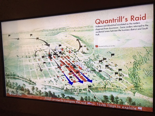 An interactive map at the Douglas County History Center showing the scope of Quantrill’s raid on Lawrence, Kansas. Photo taken by and the property of FourWalls. An interactive map at the Douglas County History Center showing the scope of Quantrill’s raid on Lawrence, Kansas. Photo taken by and the property of FourWalls.