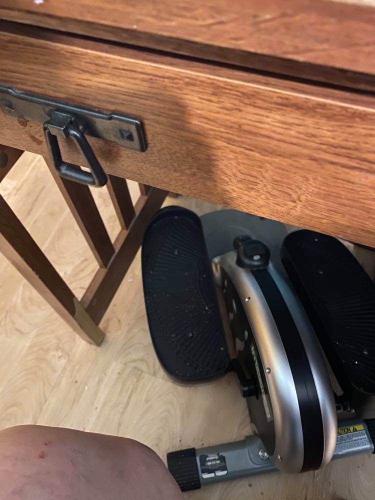 My elliptical, my floor, my desk drawer, my camera.