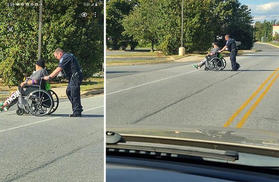 Maryland police officer Gray Maloy assisting a man in a wheelchair Maryland police officer Gray Maloy assisting a man in a wheelchair