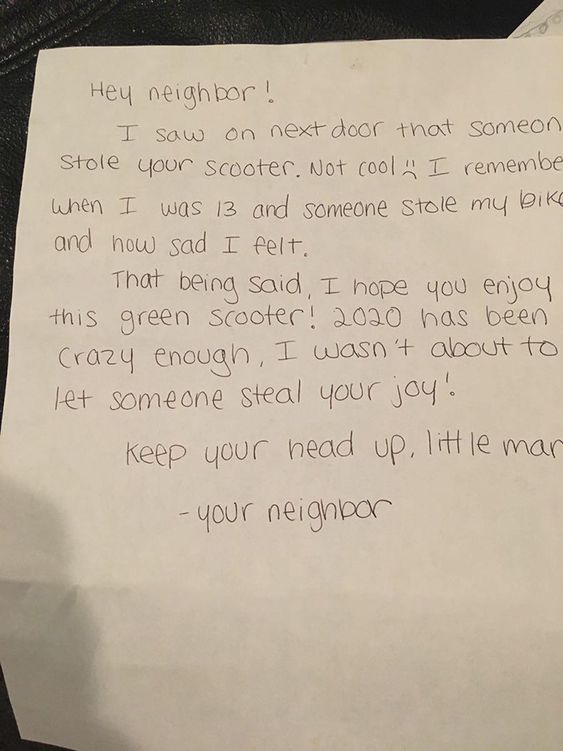 A note that was placed on a replacement scooter by a good neighbor A note that was placed on a replacement scooter by a good neighbor