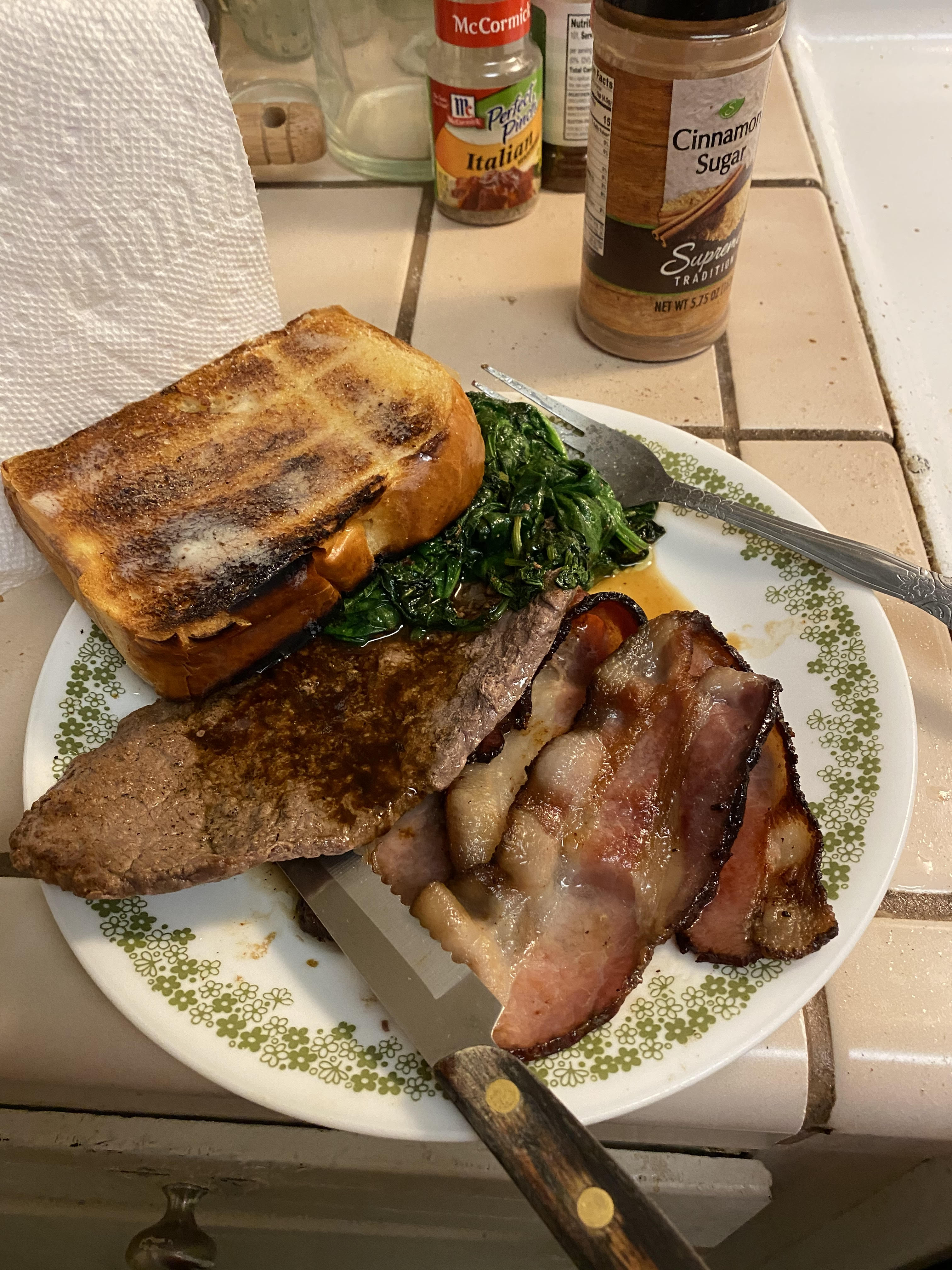 my breakfast: steak, spinach, bacon and toasted brioche with butter and garlic powder and salt my breakfast: steak, spinach, bacon and toasted brioche with butter and garlic powder and salt