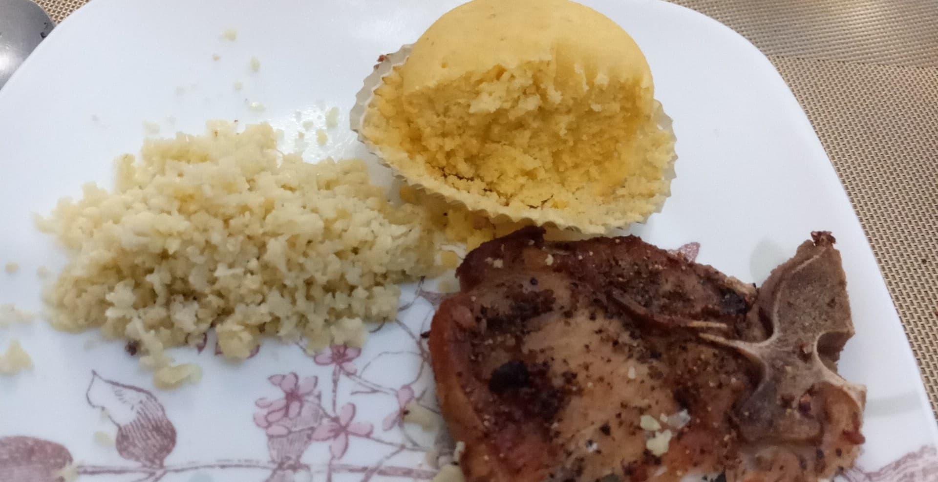 porkchop, caulifower rice, cornbread