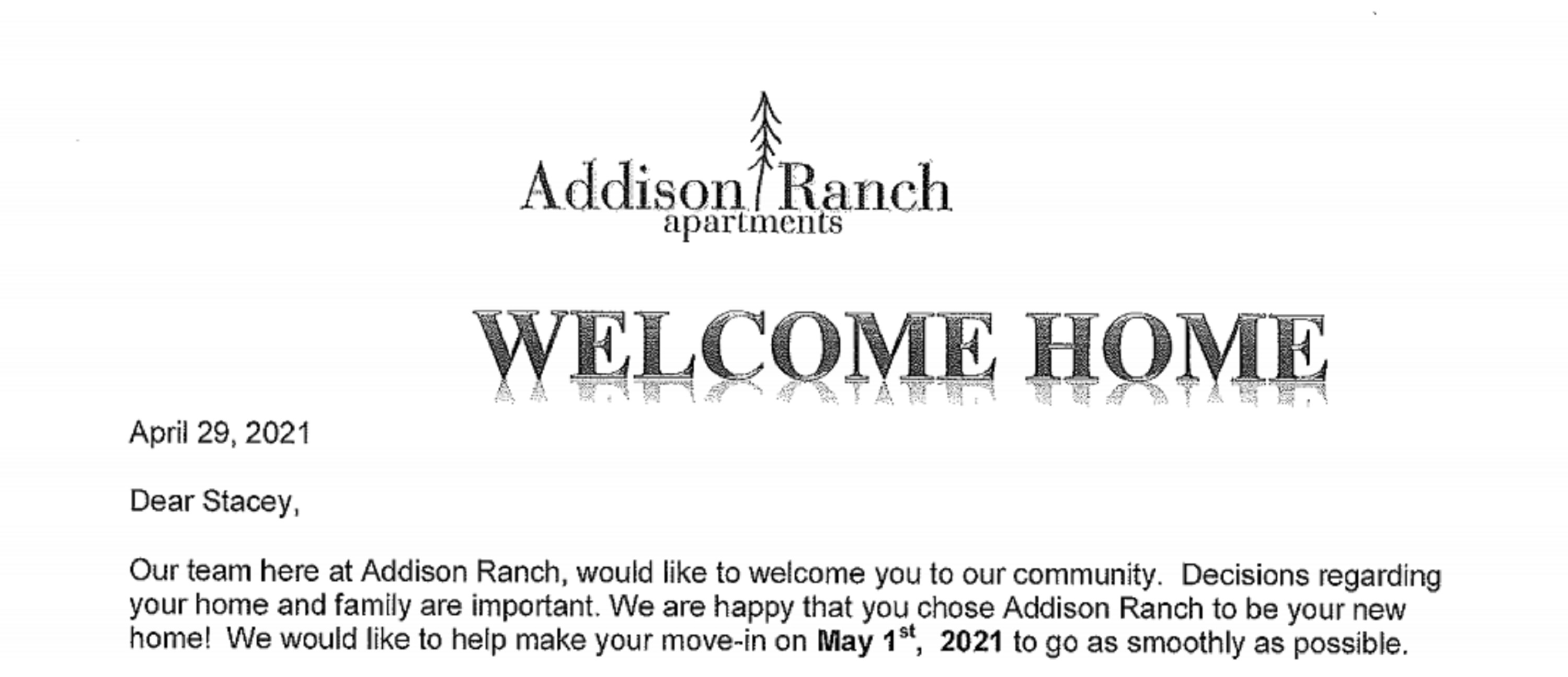 Screen cap of welcome letter