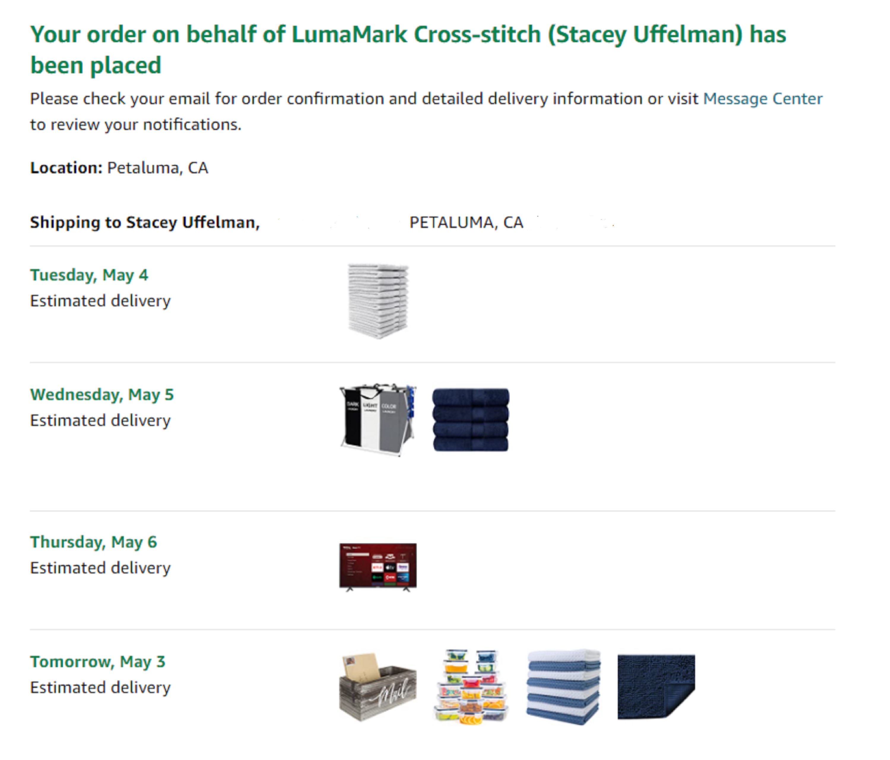 Screencap of things I ordered on Amazon for new apartment