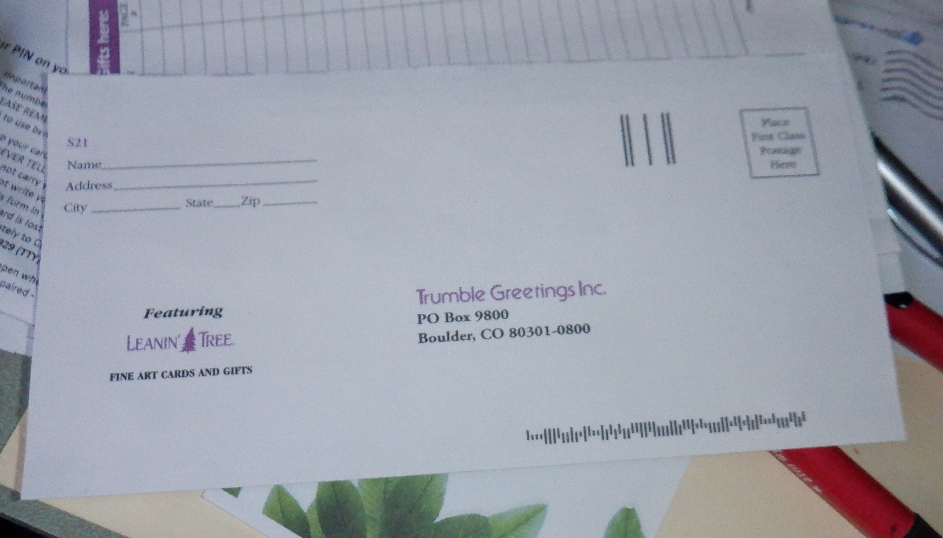 Photo I took of the envelope I used to order things to be sent to my new address