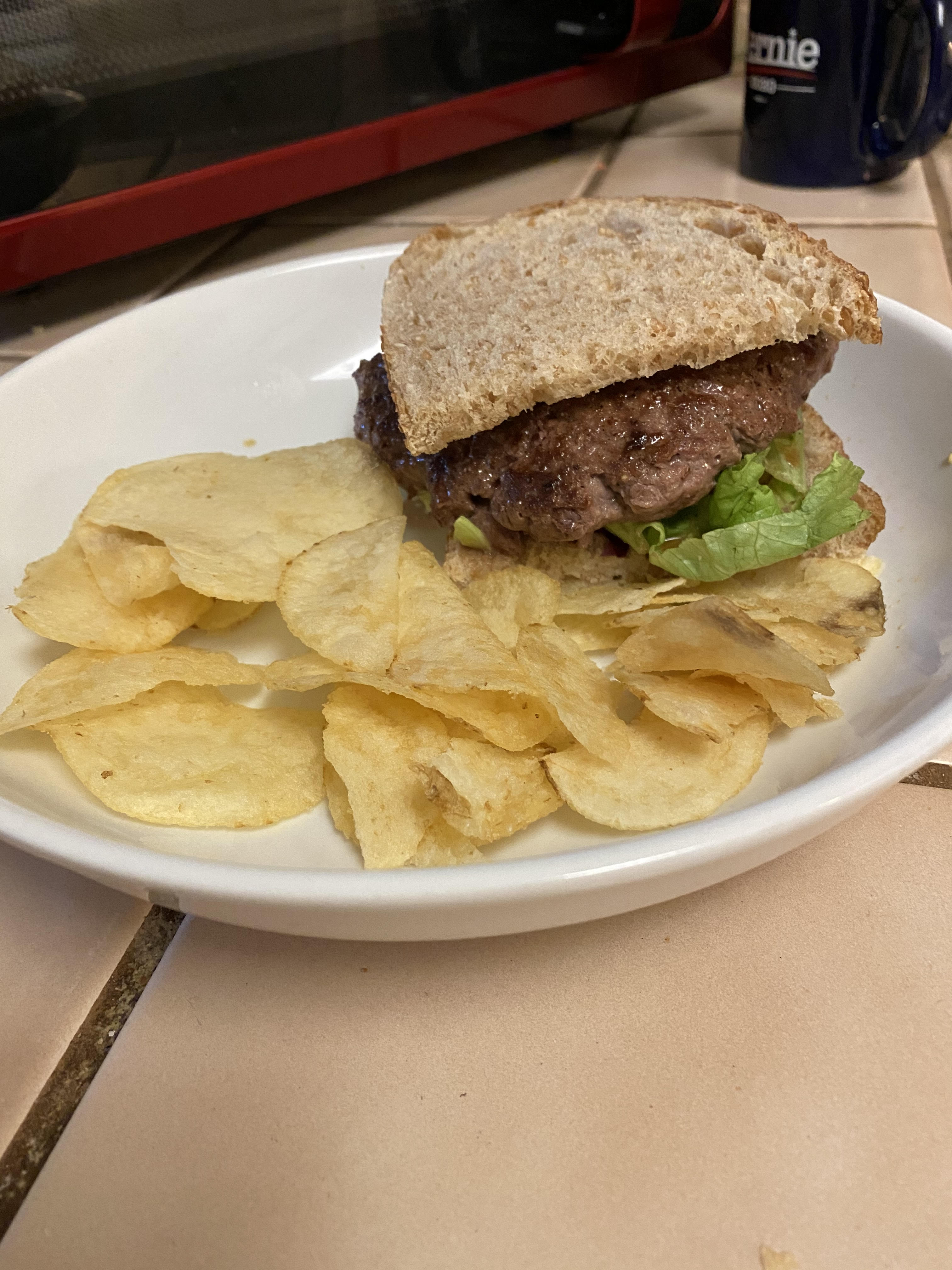 Hamburger and chips. Tasty!