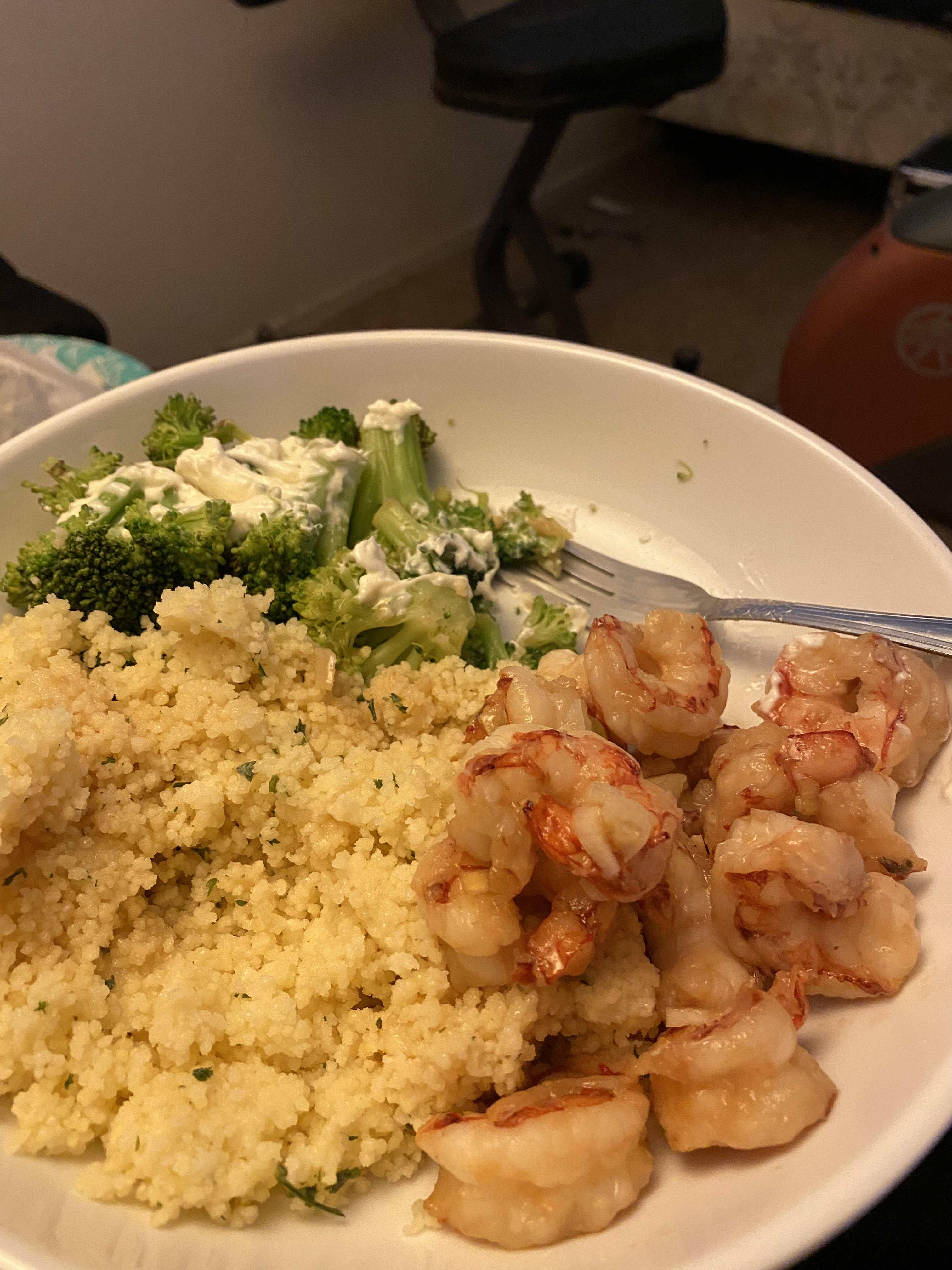 Honey garlic shrimp, couscous and broccoli