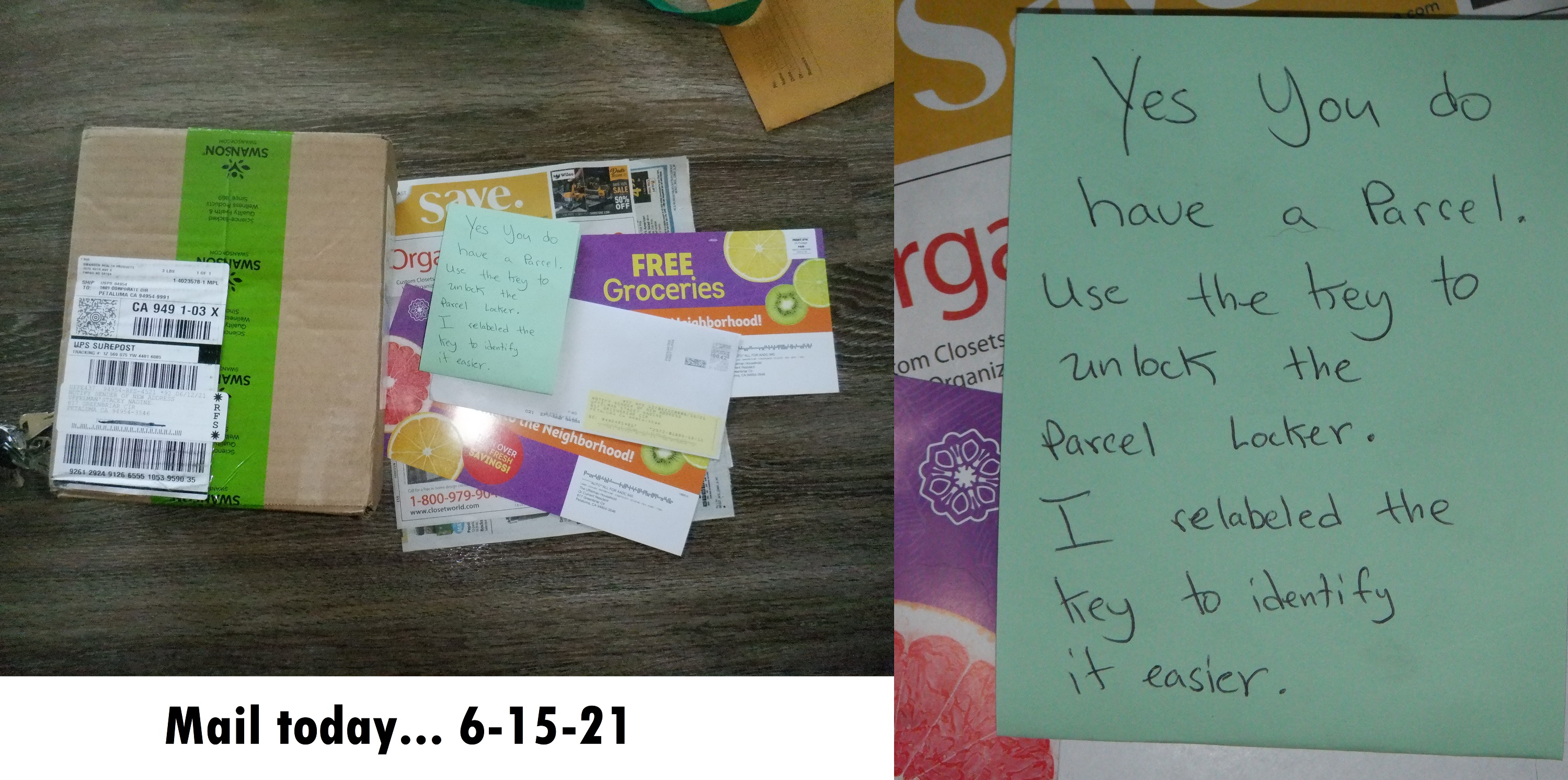 Photos I took of today's mail and the note from the mail carrier. Photos I took of today's mail and the note from the mail carrier.