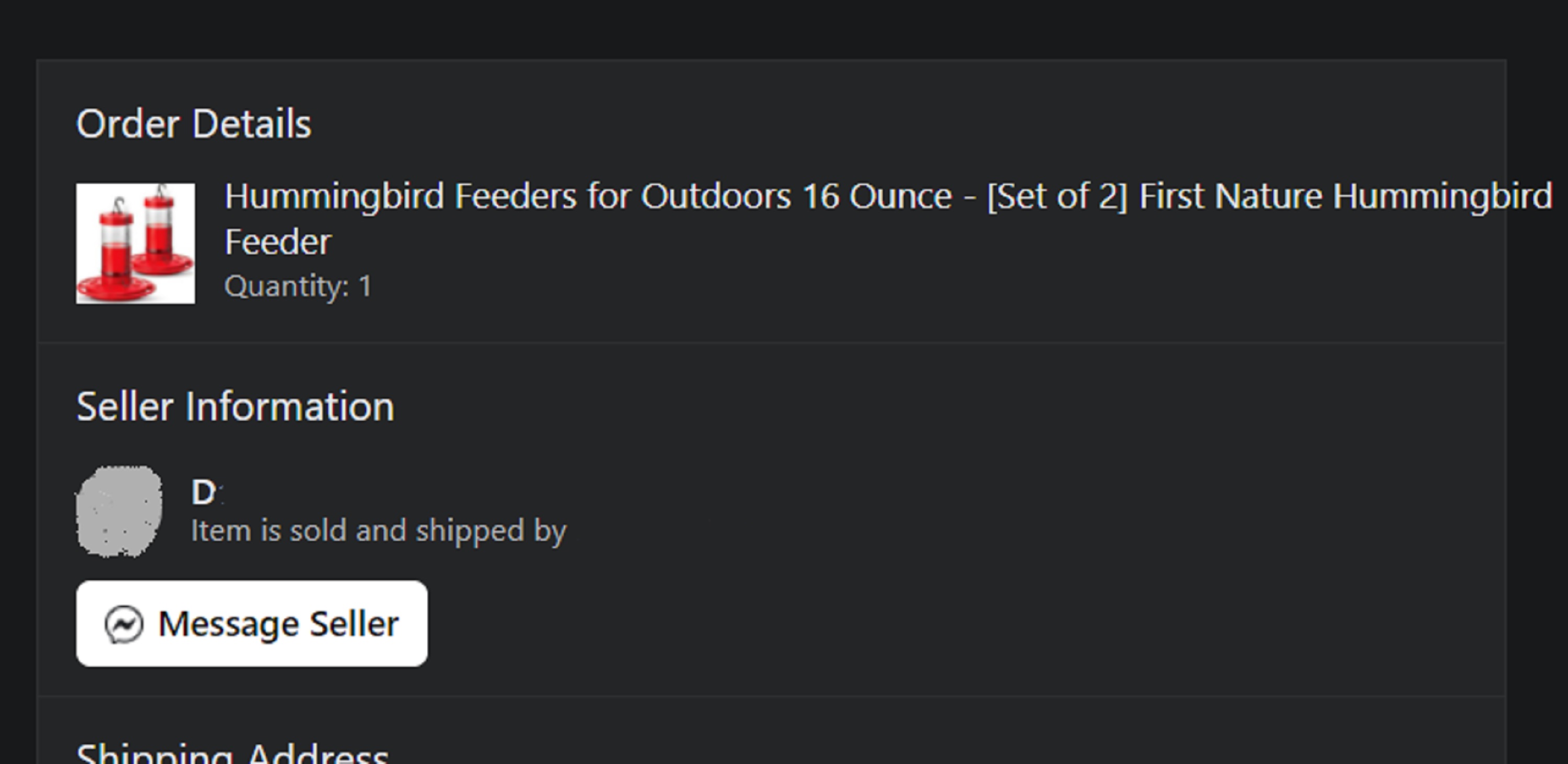 Screencap I took of hummingbird feeder purchase Screencap I took of hummingbird feeder purchase