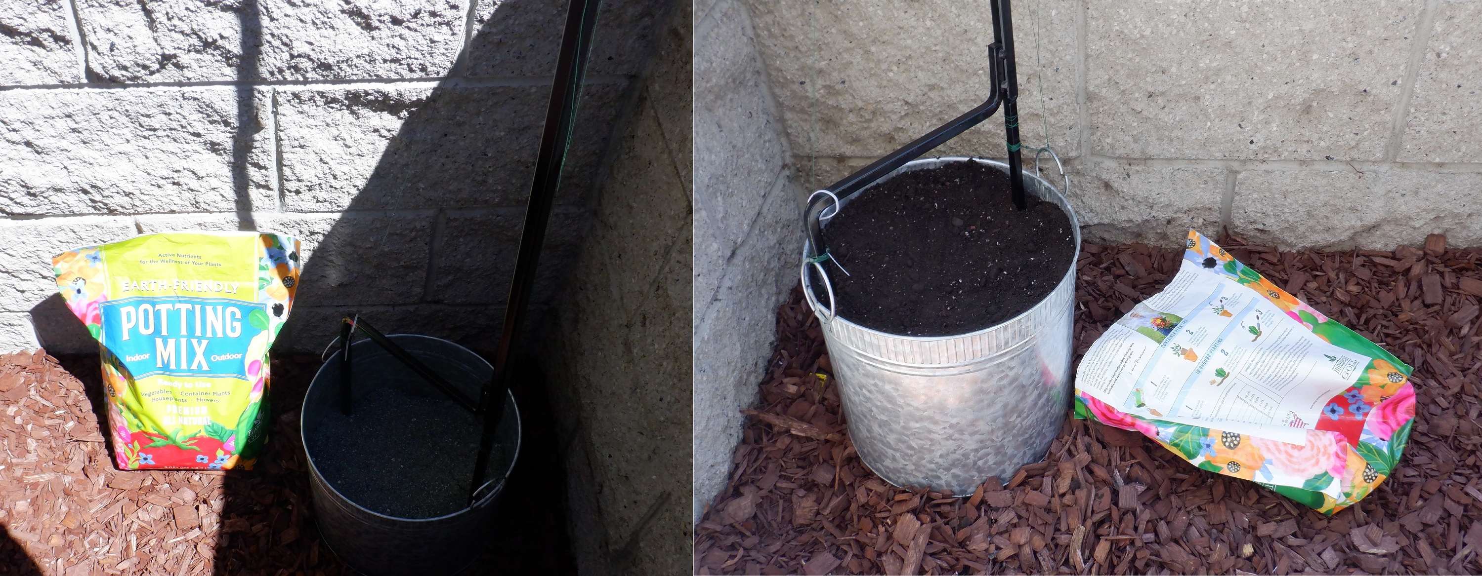 Photos I took of my shepherd's pole bucket before and after dirt was put in. Photos I took of my shepherd's pole bucket before and after dirt was put in.