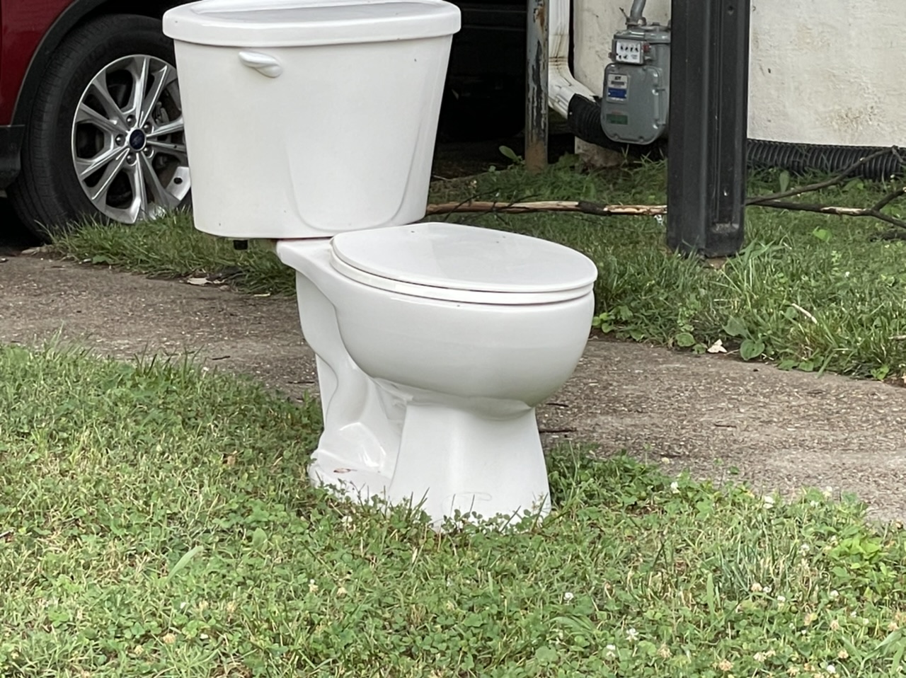 A toilet in the front yard.  Not art.  Photo taken by and the property of FourWalls.