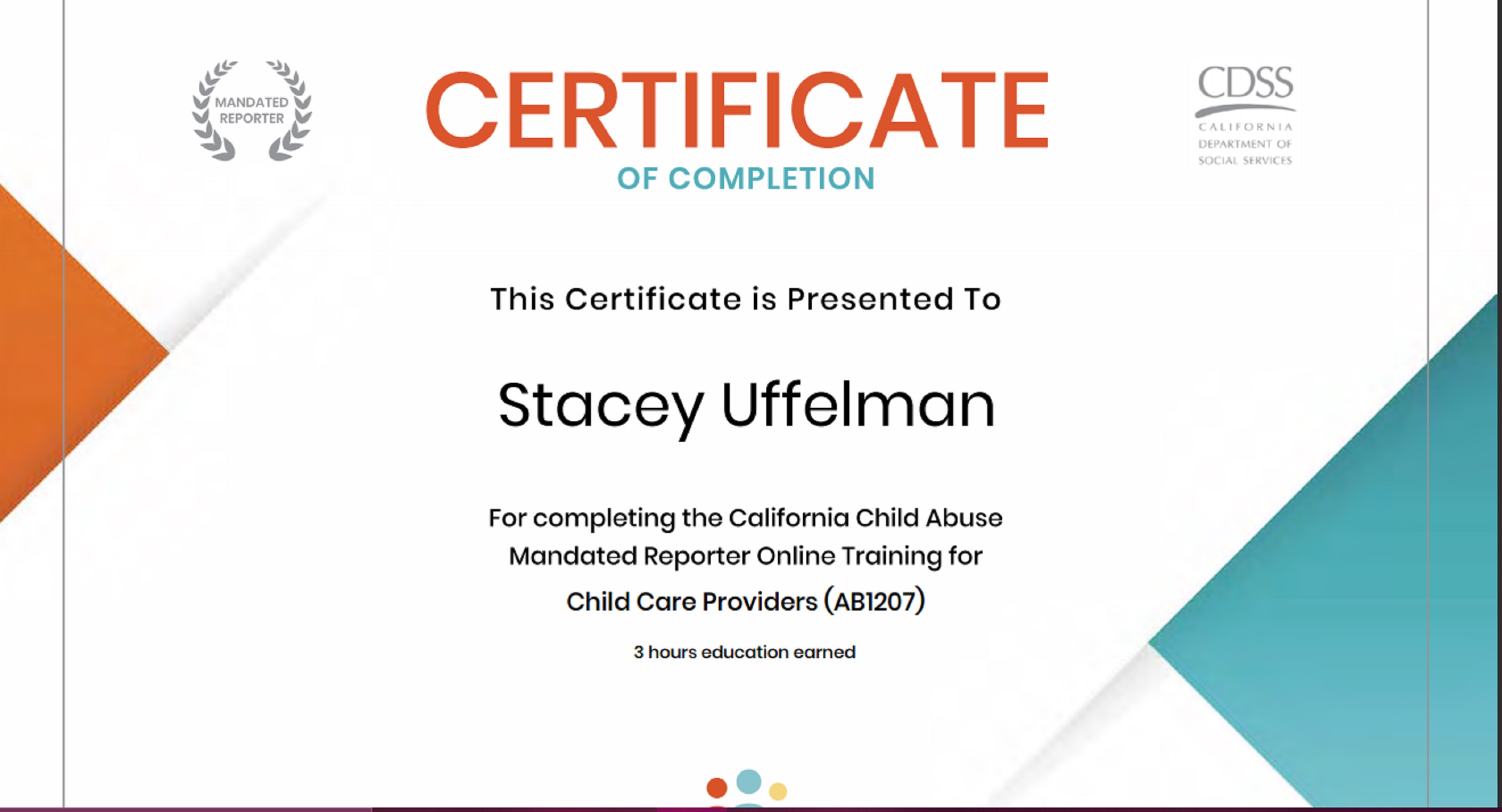 Screencap I took of Mandated Reporter Certificate Screencap I took of Mandated Reporter Certificate