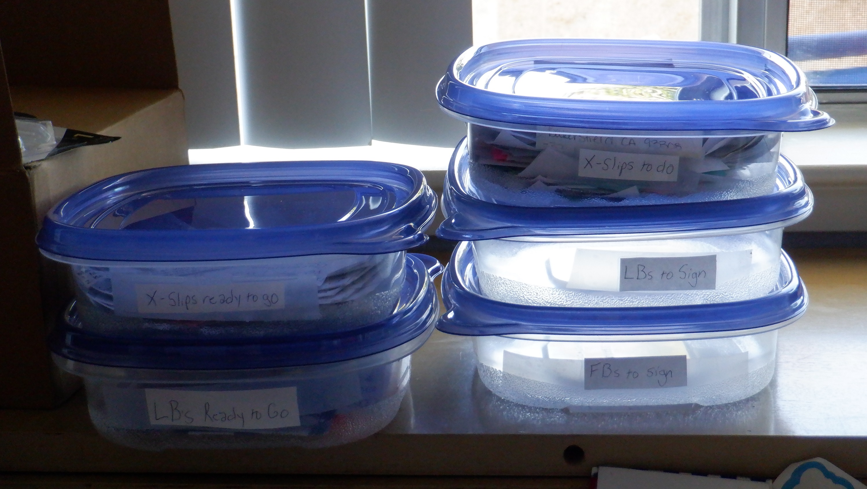 Photo I took of the containers I'm using to arrange my mail swapping items Photo I took of the containers I'm using to arrange my mail swapping items