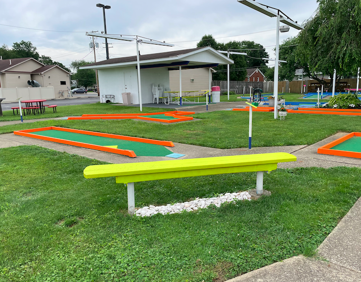 A bench on course one at the Putterz in Newark, Ohio.  Photo taken by and the property of FourWalls.