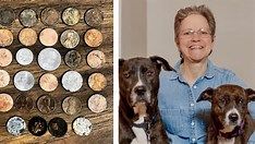 Lisa Phillips and her two dogs plus her loose coin collection