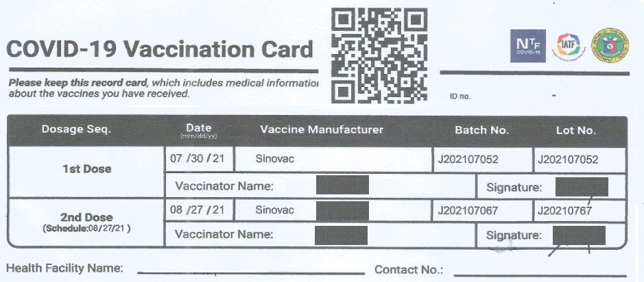 Vaccination Card, SINOVAC Vaccination Card, SINOVAC