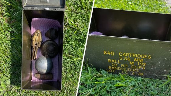 A grenade, mortar tips and fuse in a backyard in Perkasie PA.