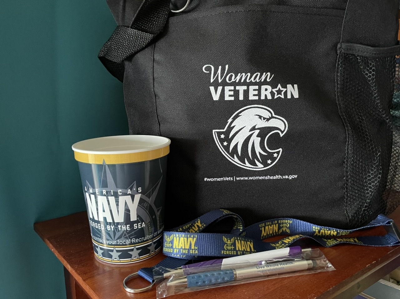 The freebies from the Women Veterans’ Day at the VA Hospital.  Photo taken by and the property of FourWalls.