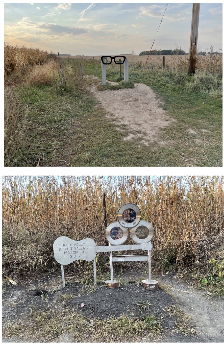 The marker at the road (top) and the memorial at the crash site (bottom).  Photos taken by and the property of FourWalls.