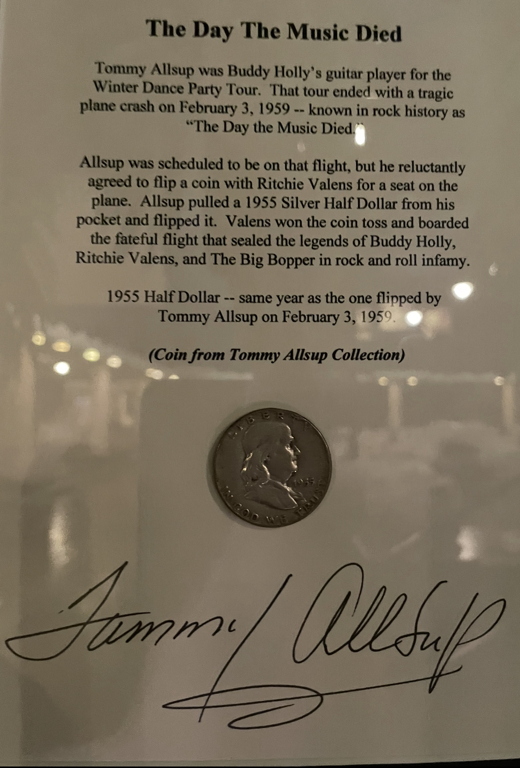 Tommy Allsup’s 1955 half dollar which lost him a seat on Buddy Holly’s plane. Photo taken by and the property of FourWalls. Tommy Allsup’s 1955 half dollar which lost him a seat on Buddy Holly’s plane. Photo taken by and the property of FourWalls.
