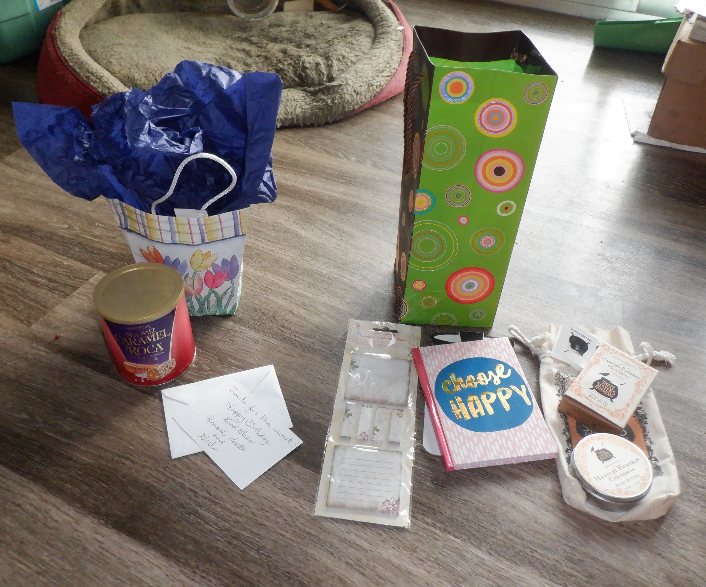 photo I took of my belated birthday gifts in and out of the bag
