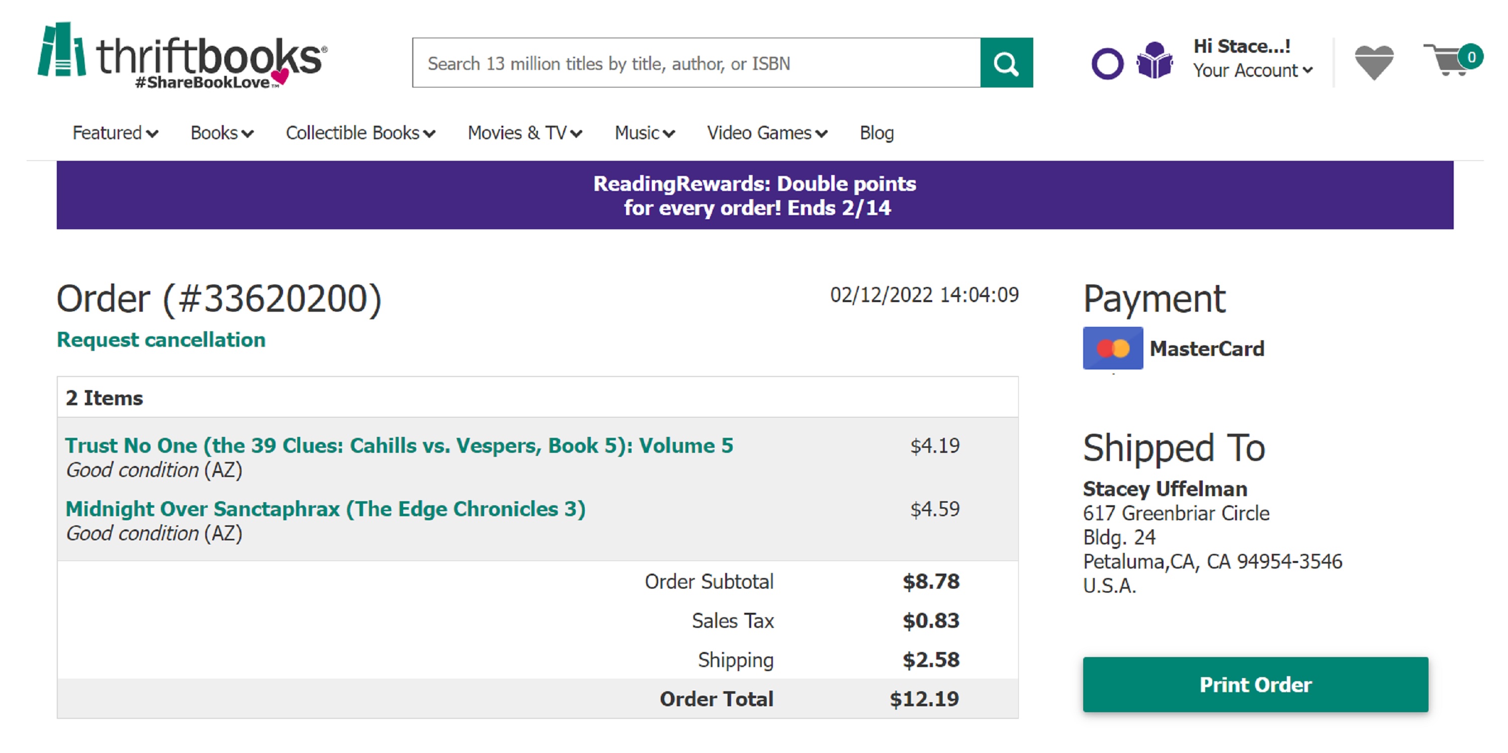 Screen cap I took of my book order Screen cap I took of my book order