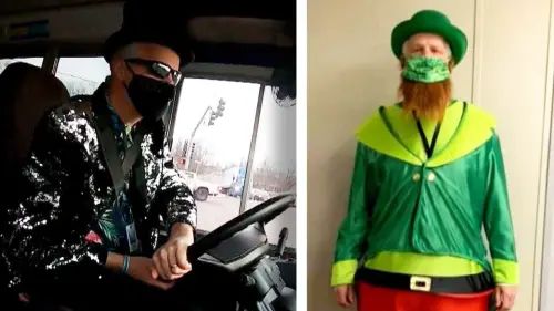 St. Louis area bus driver Kevin Huges with his costumes that he wears on duty St. Louis area bus driver Kevin Huges with his costumes that he wears on duty
