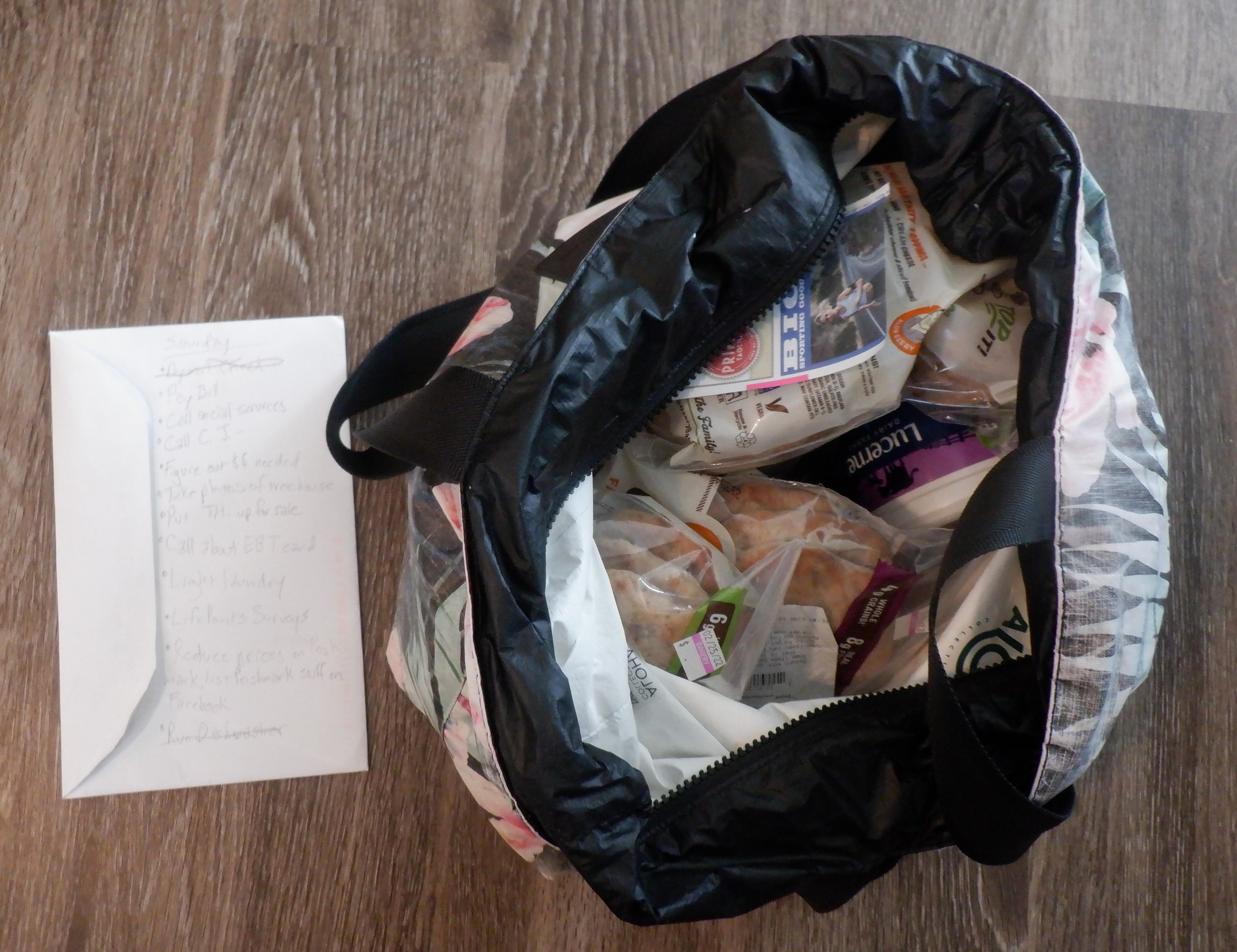 My shoulder bag with groceries and to do list My shoulder bag with groceries and to do list