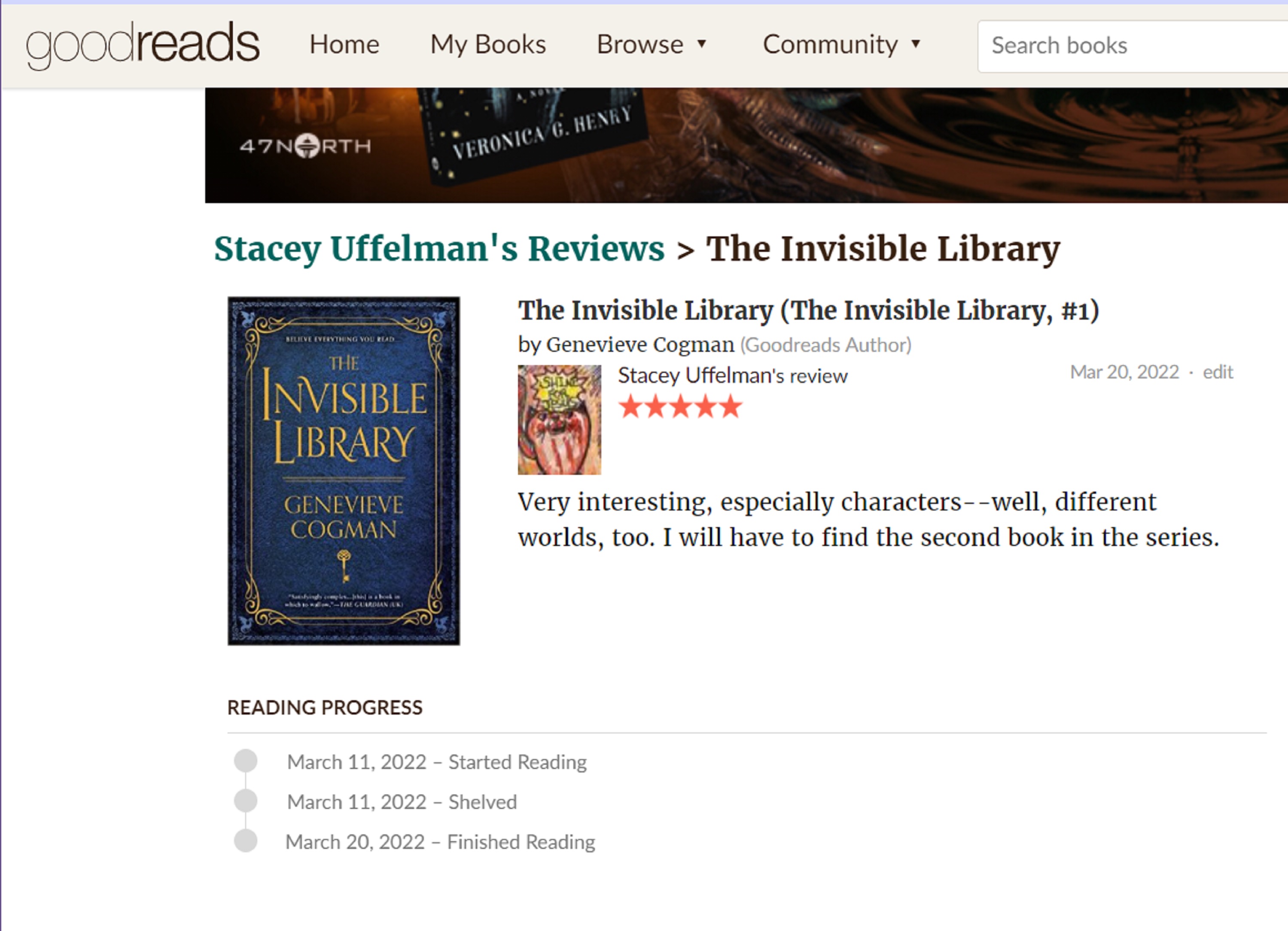 Screencap of GoodReads page showing book I just finished