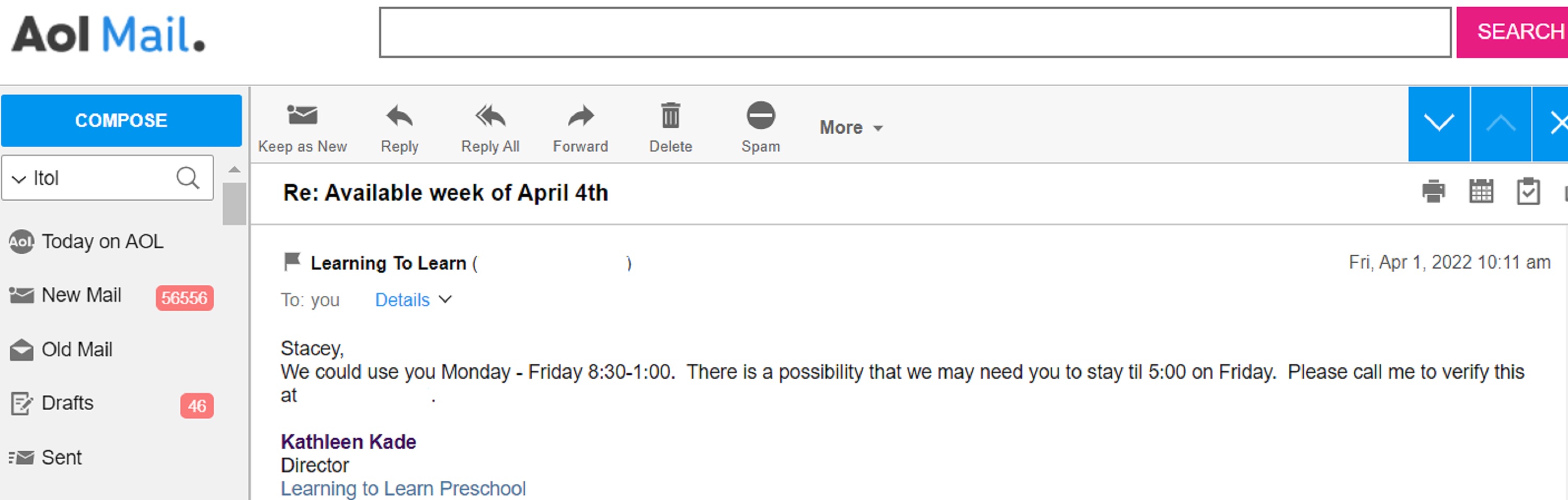 screenshot I took of the email I recieved from the preschool director