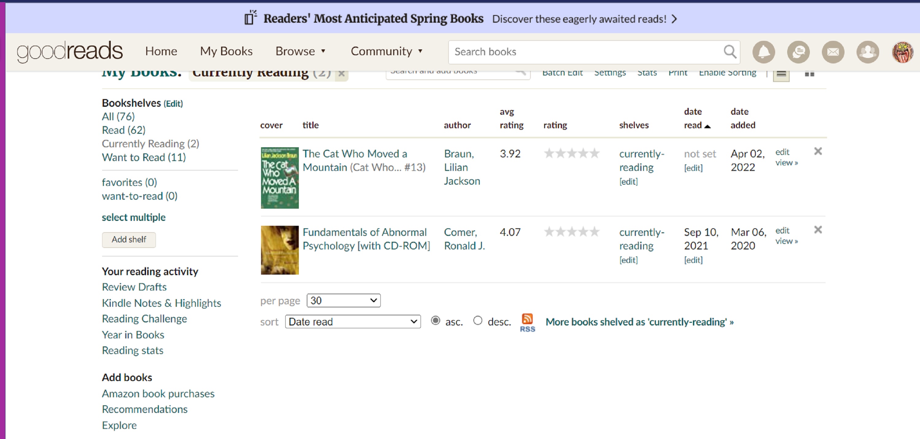 Screencap of my Amazon GoodReads page Screencap of my Amazon GoodReads page