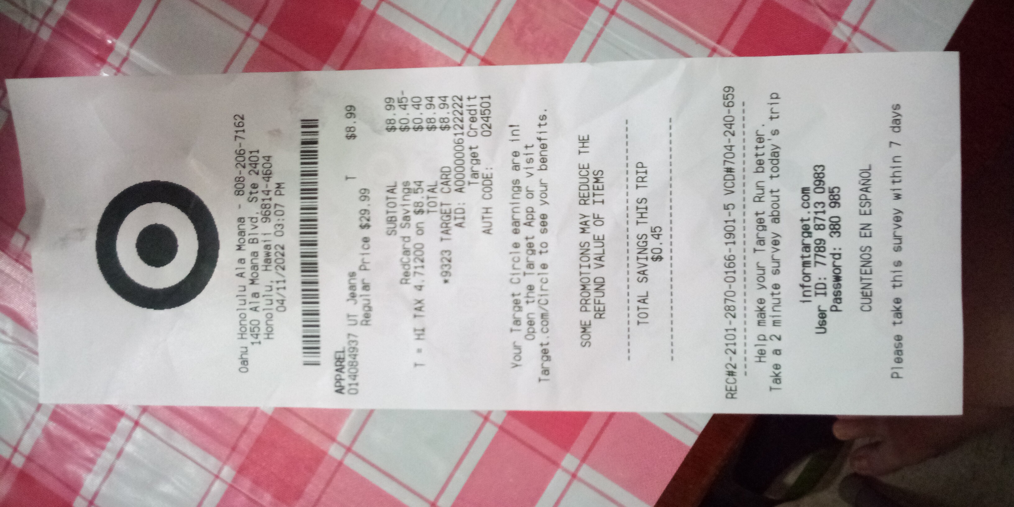 Target receipt.