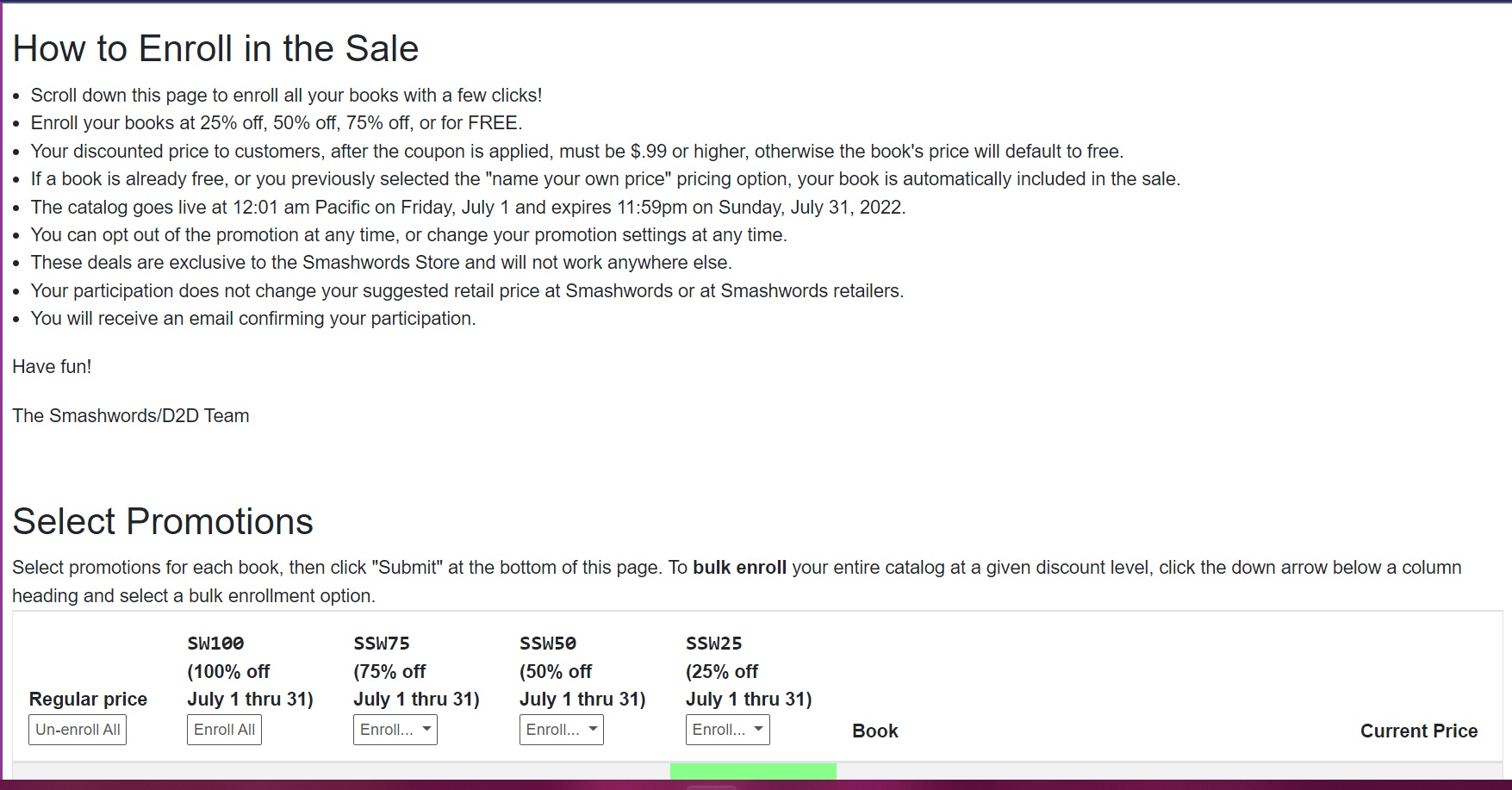 Screencap of the Smashwords sale enrollment. Screencap of the Smashwords sale enrollment.