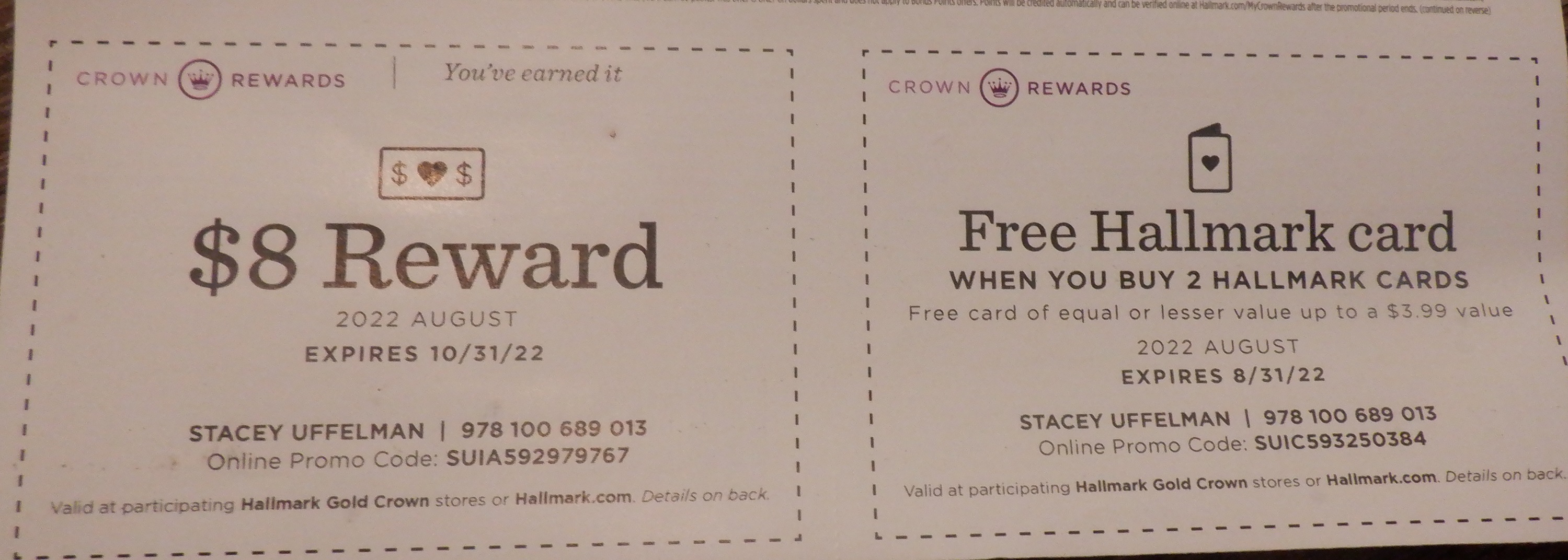 Coupons/reward certificates that I got from Hallmark
