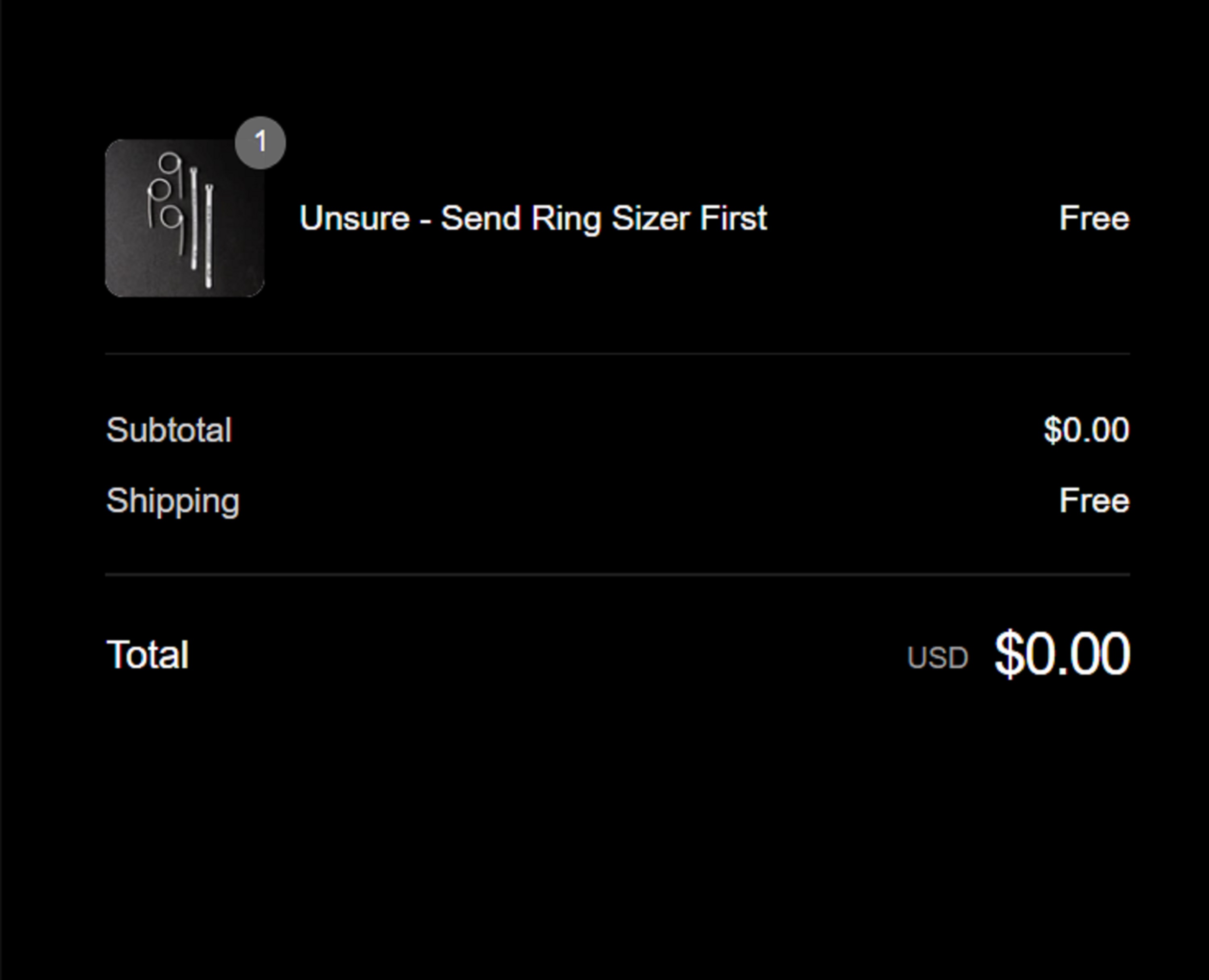 Screencap of the page where I ordered my ring sizer