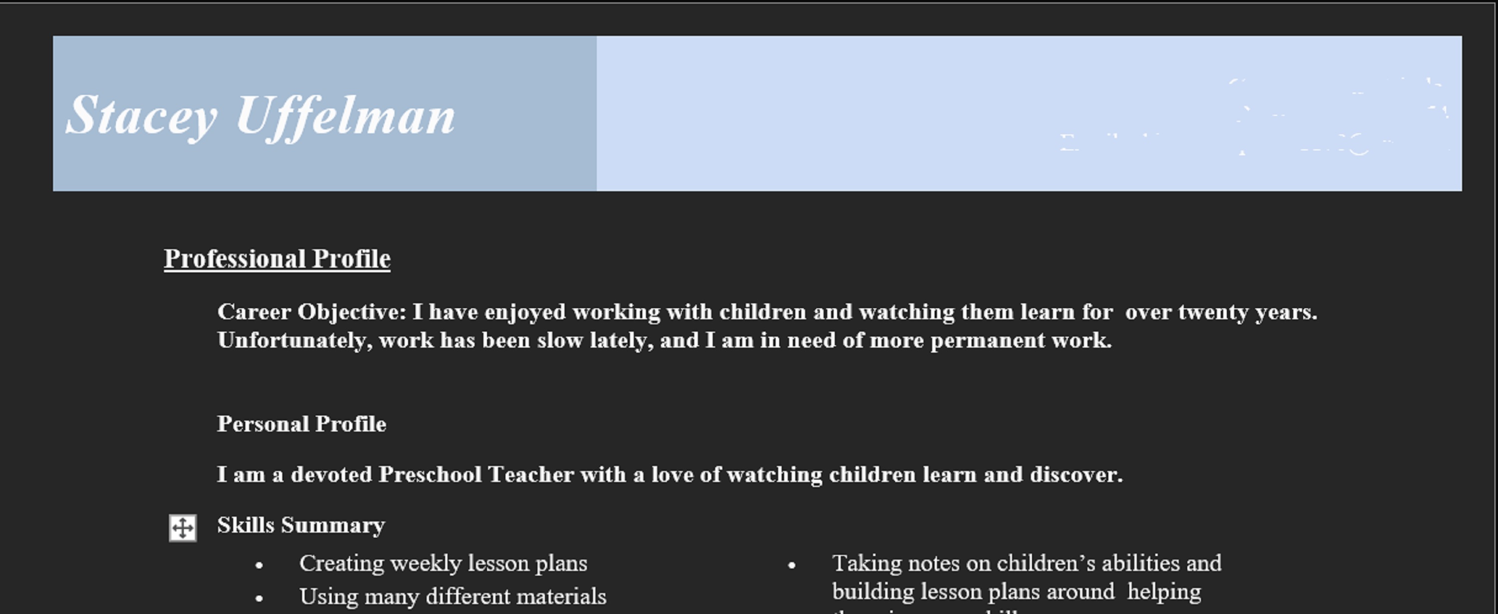 Screen cap of part of my resumé on Word Screen cap of part of my resumé on Word