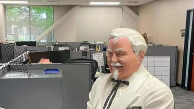 A statue of Colonel Sanders inside of a sheriff's office in Sacramento California. A statue of Colonel Sanders inside of a sheriff's office in Sacramento California.
