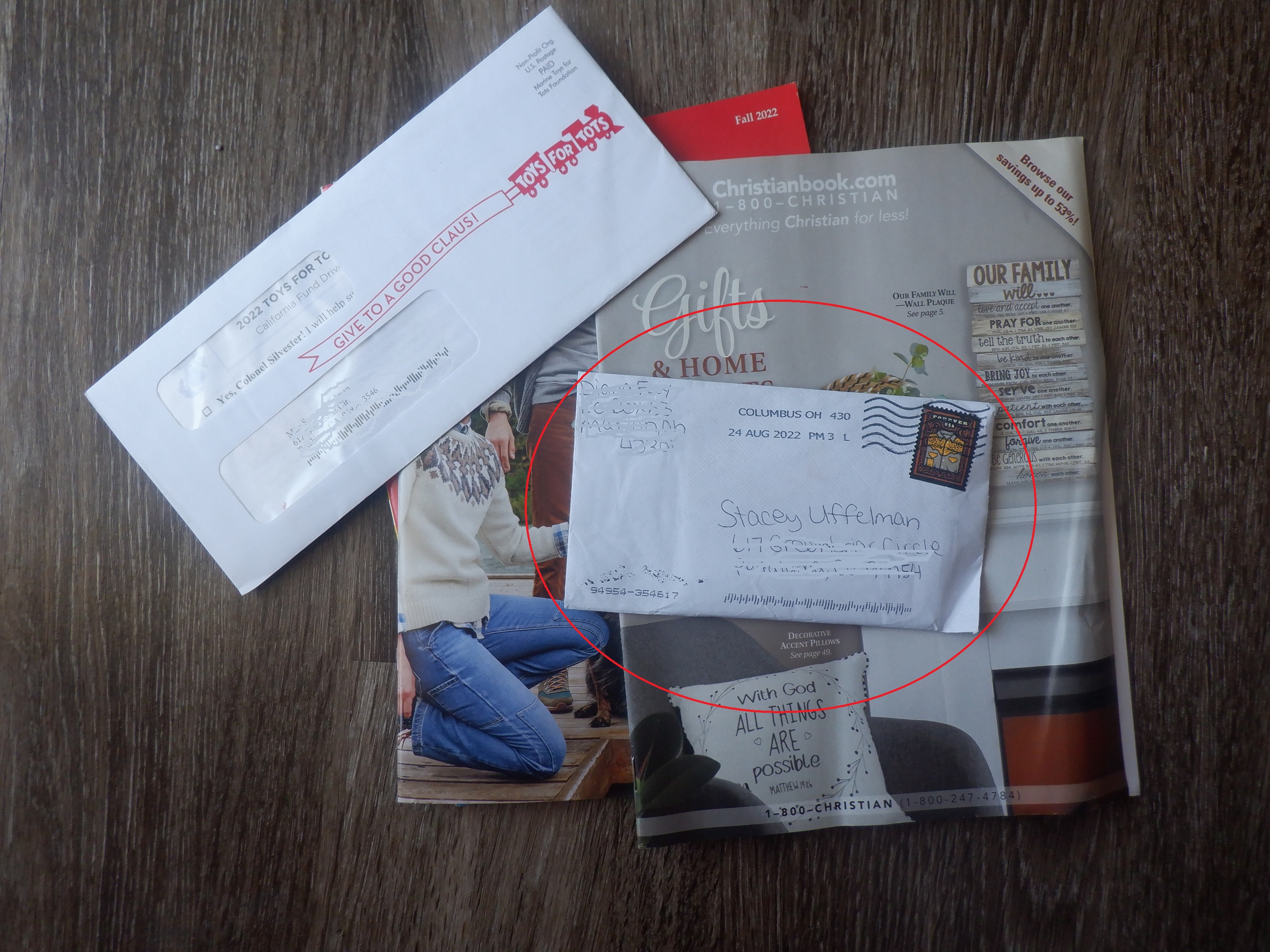 Photo I took of my mail with envelope I almost lost circled. Photo I took of my mail with envelope I almost lost circled.