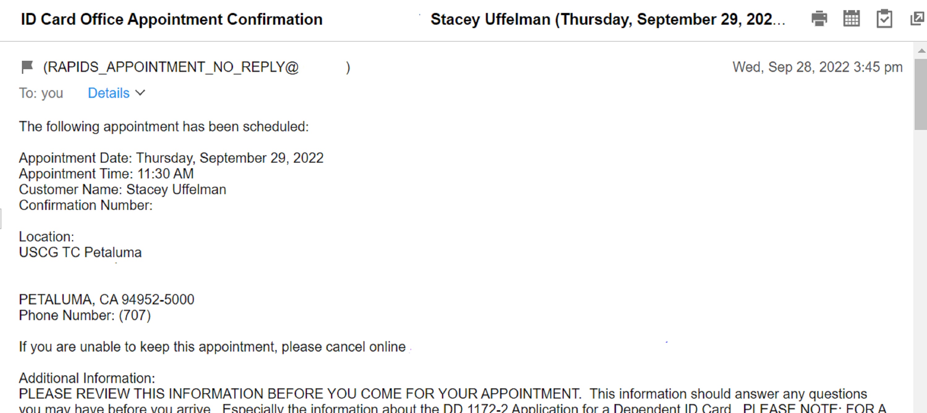 Screencap of appointment confirmation